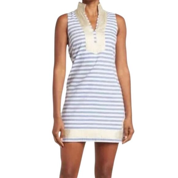 Eliza J Gold Metallic Striped Mandarin Collar Preppy Shift SIZE-12 - Picture 2 of 10